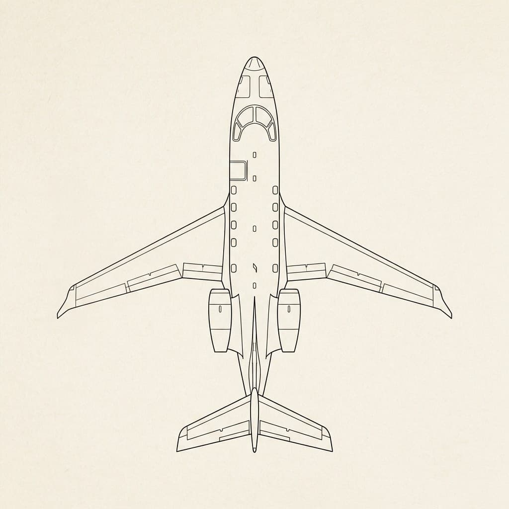 Top-view technical illustration of the Embraer Phenom 300E