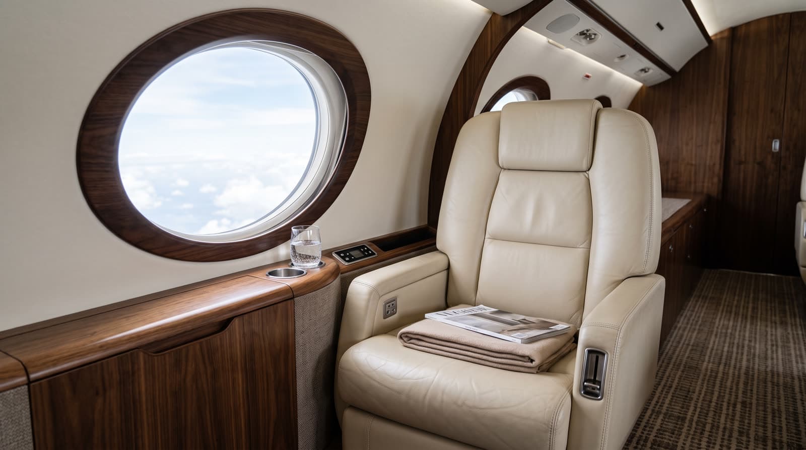 Cream leather seat beside an oval window