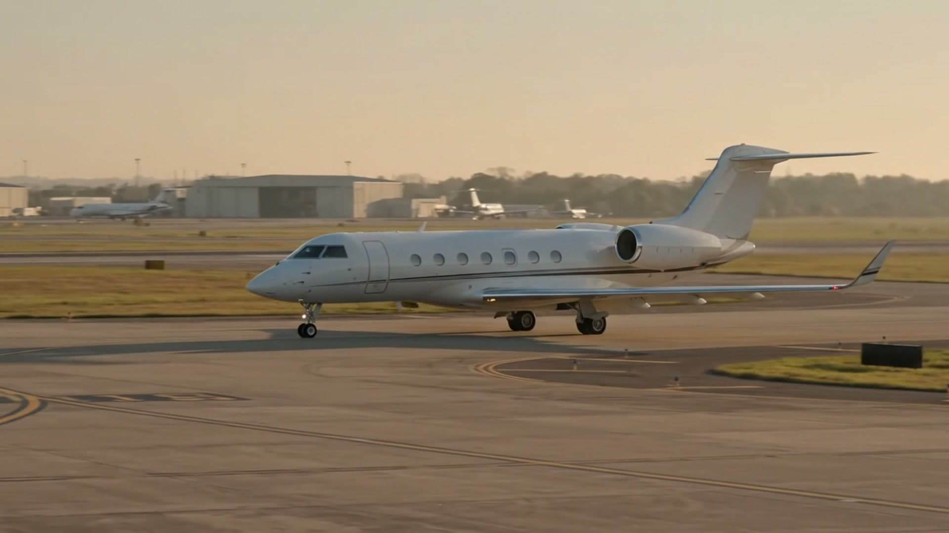 Business jet taxiing at golden hour