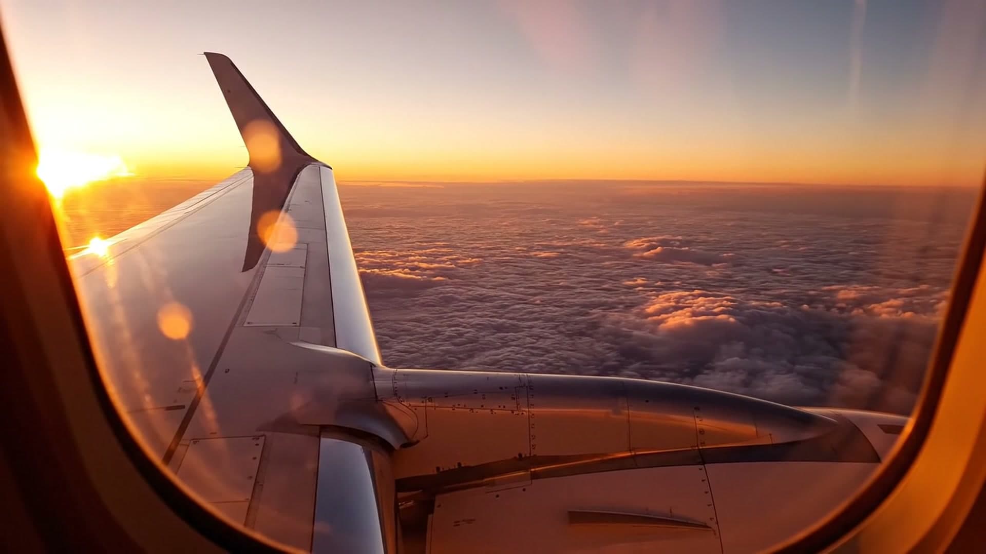 Golden-hour view over a jet winglet